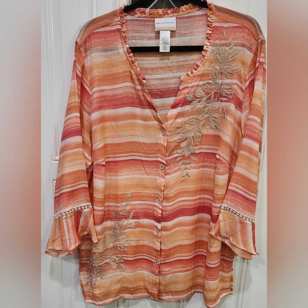 Alfred Dunner Orange and Red Striped Button Down Blouse Women's 1x